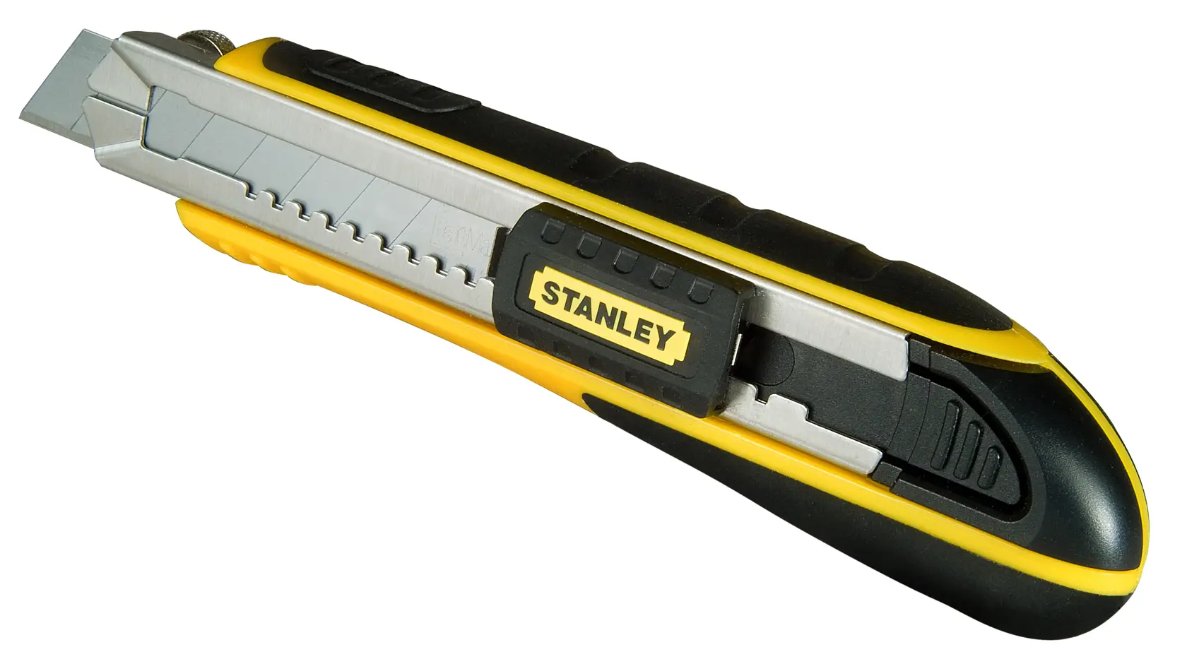 Stanley retractable utility knife with black and yellow handle and segmented snap-off blade.