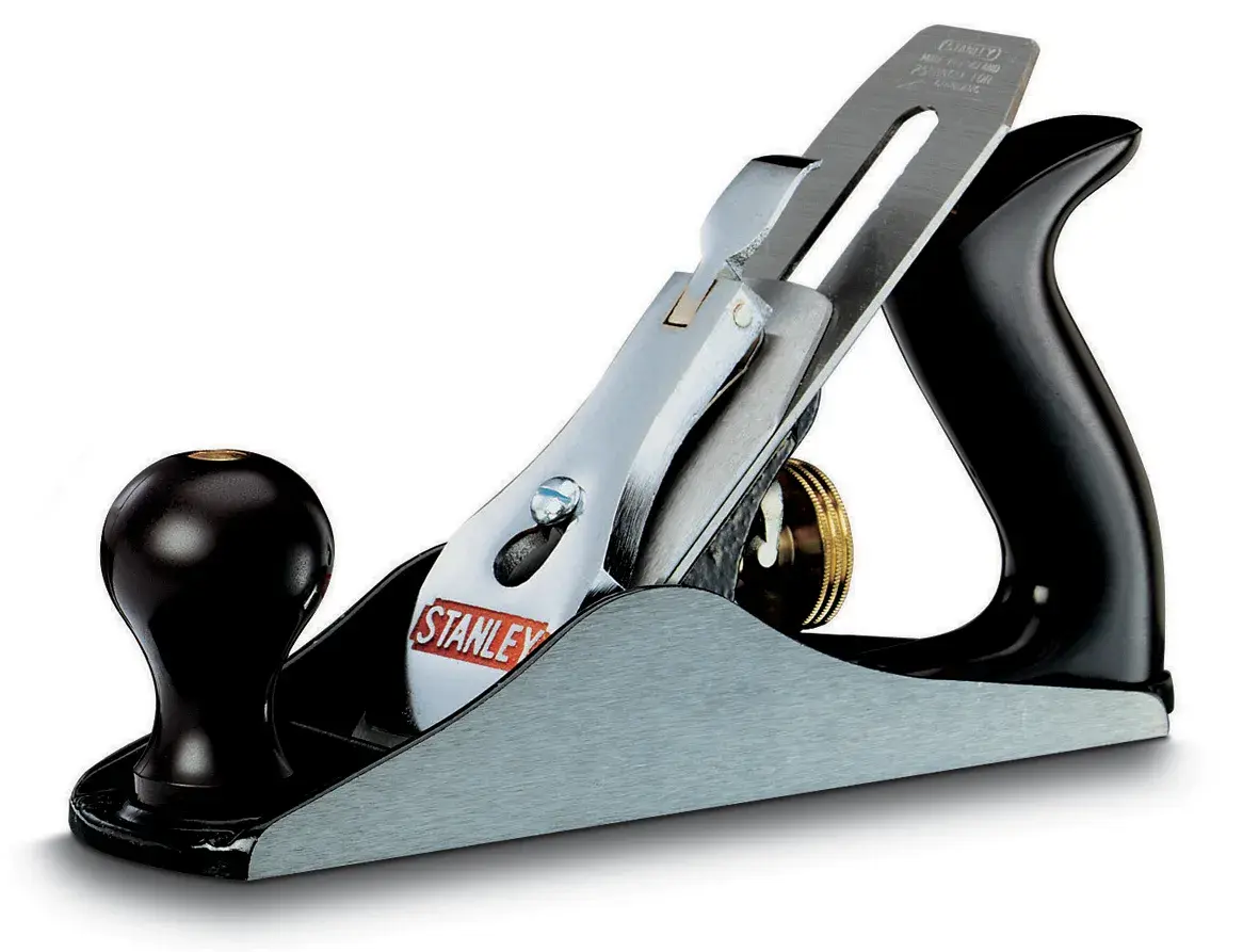 STANLEY 1-12-004 bench hand plane with black handle and knob, product angle on white background.