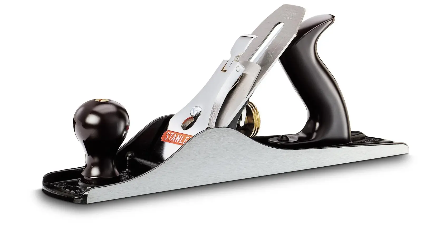 STANLEY 1-12-005 bench plane, side angle, black handle and knob, silver base, carpentry hand tool.