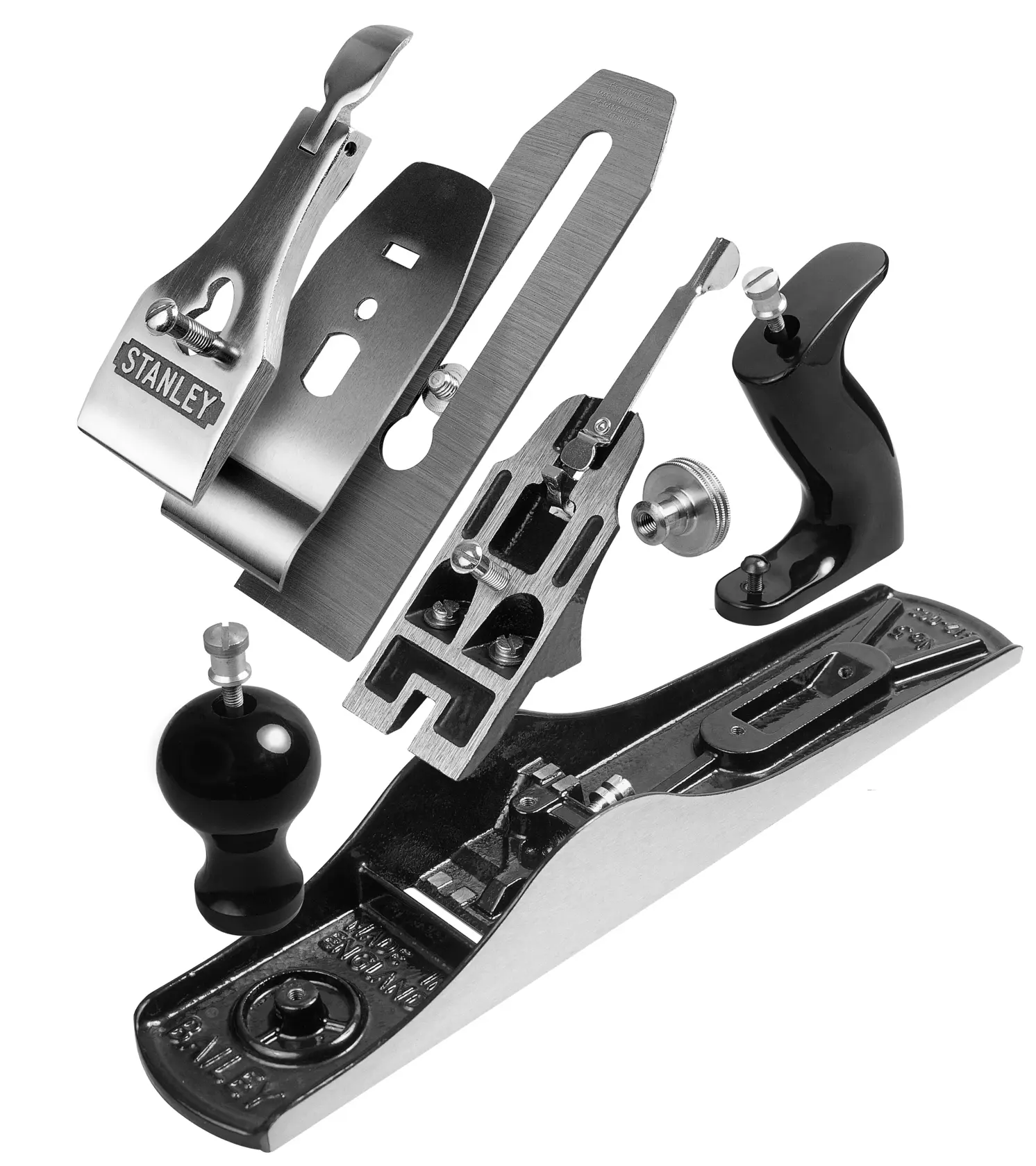 Disassembled STANLEY hand plane showing separate metal and plastic parts on a white background.