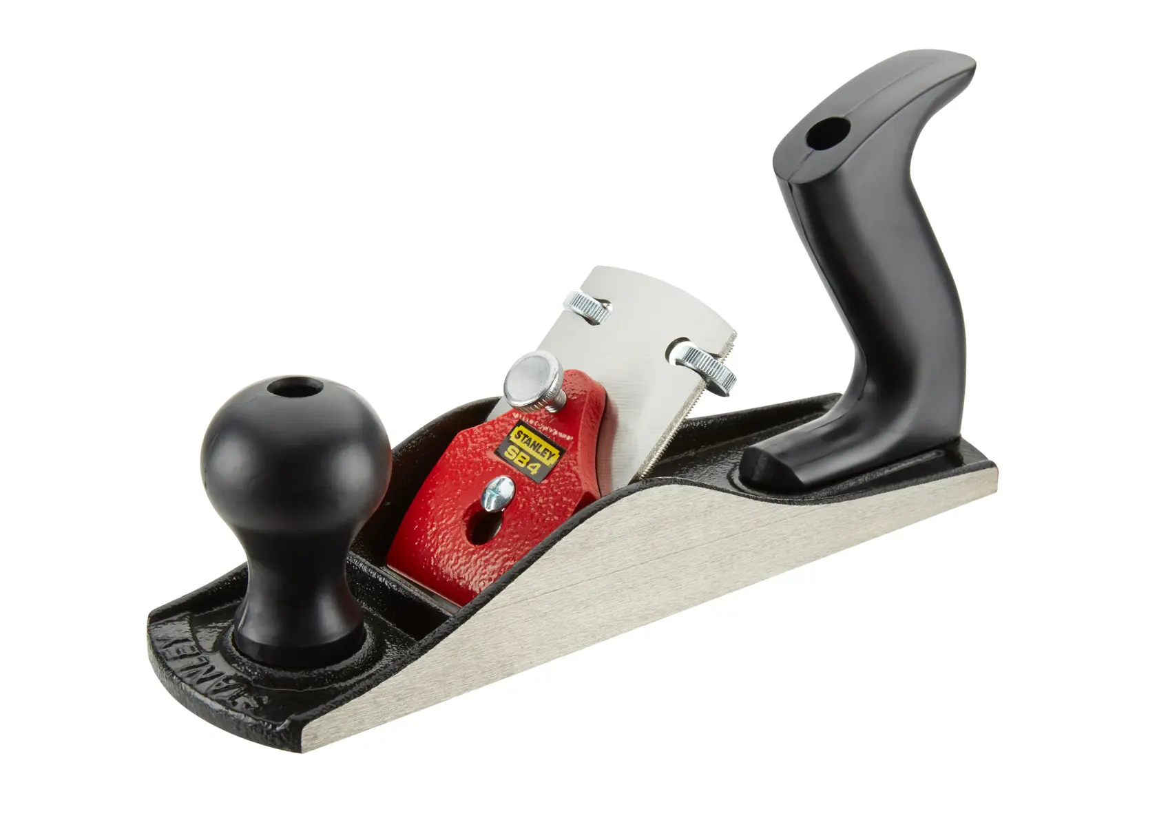 STANLEY 1-12-034 hand planer with black handles, red cap, and metal base, side angle on white background.