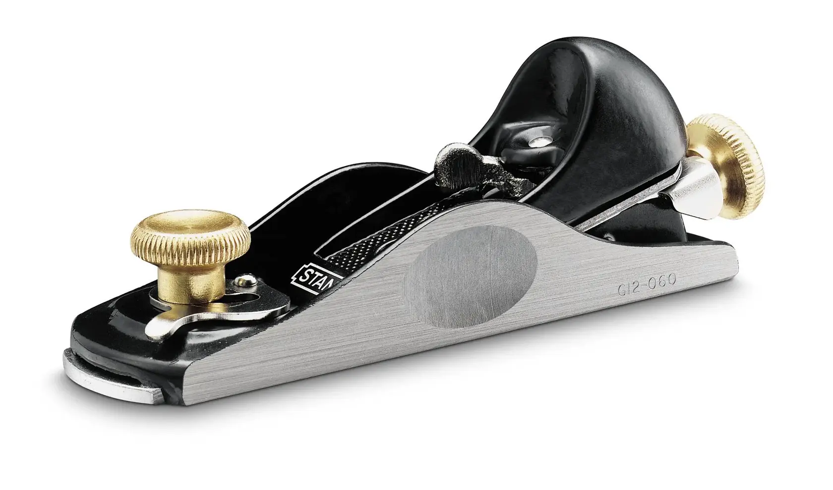 Stanley hand plane tool with gold adjustment knobs on a white background.