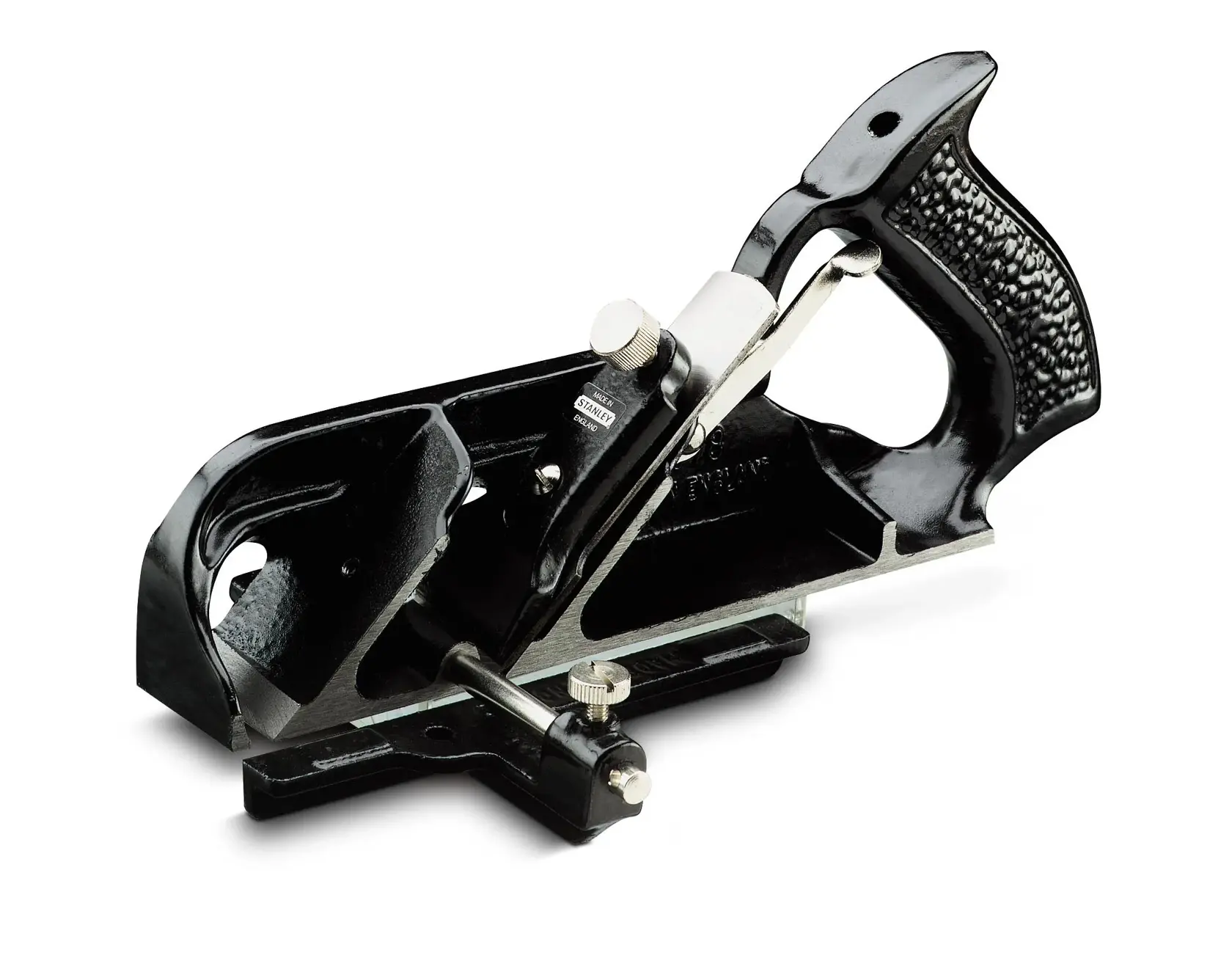 STANLEY 1-12-078 joinery plane, black metal tool, side angle photo on white background.