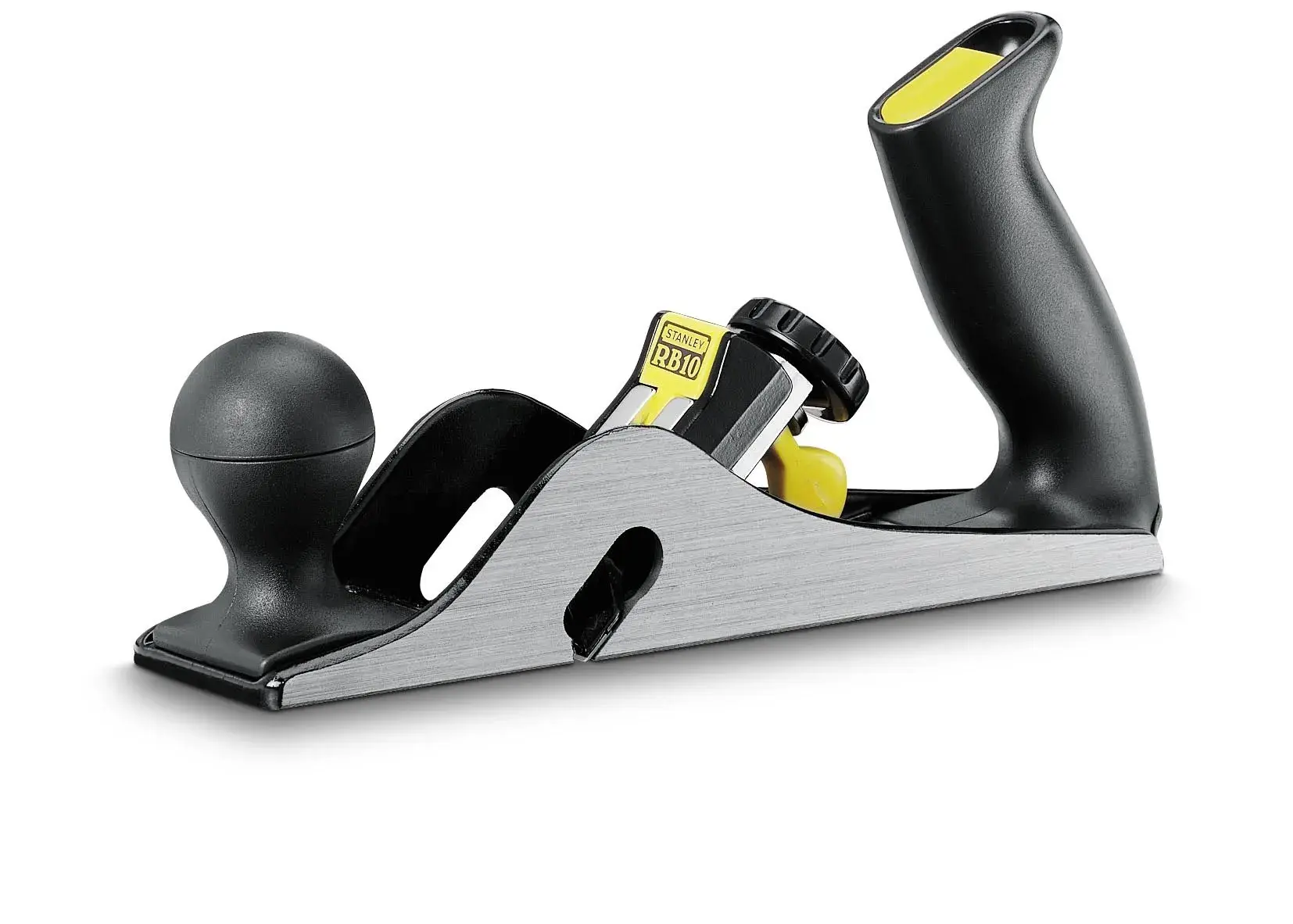 STANLEY 1-12-100 hand planer with black handle and knob, yellow accents, side angle on white background.