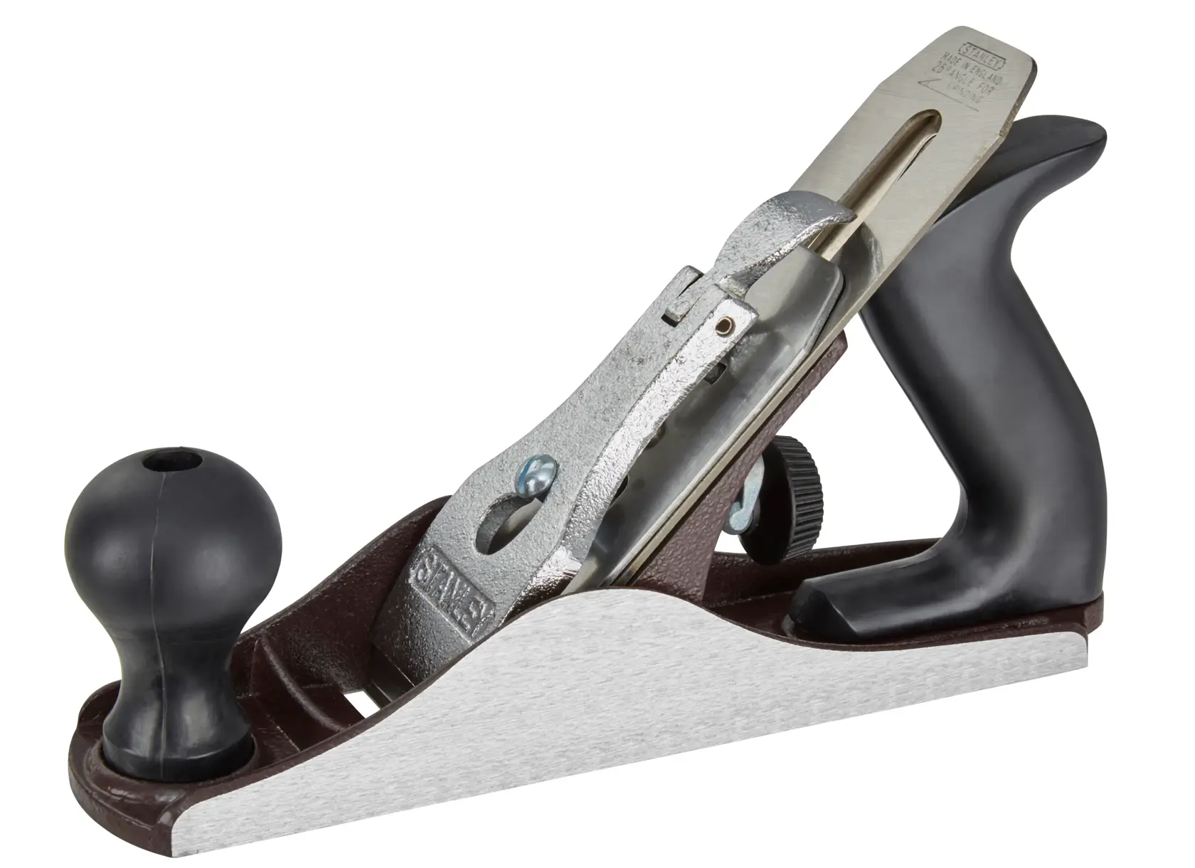 Stanley hand plane with metal body and black handles, used for smoothing wood surfaces.
