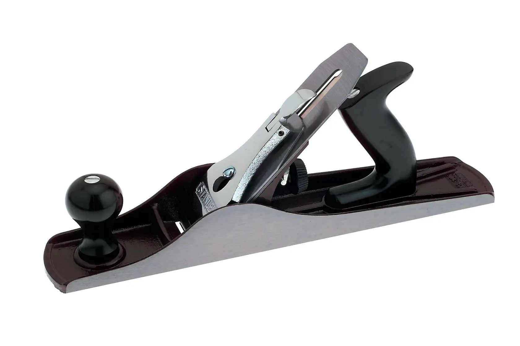 STANLEY 1-12-205 hand plane, side view, with black handles and metallic body on white background.
