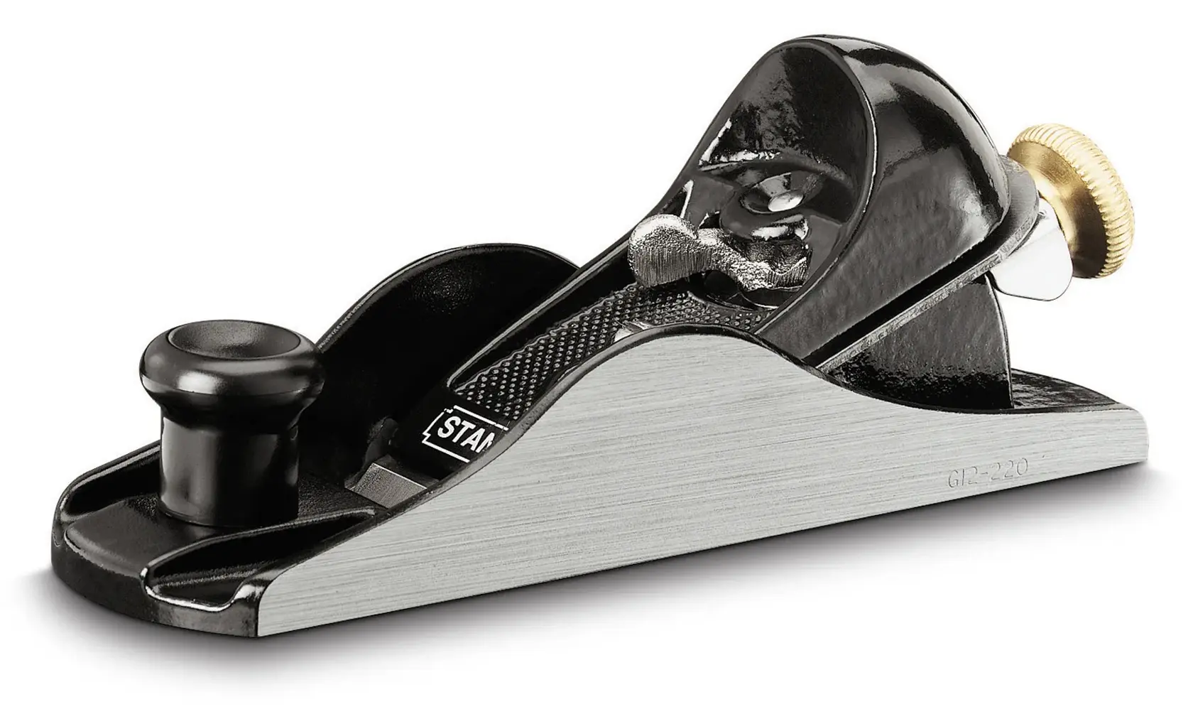 STANLEY 1-12-220 hand planer, black and silver, side angle on white background.