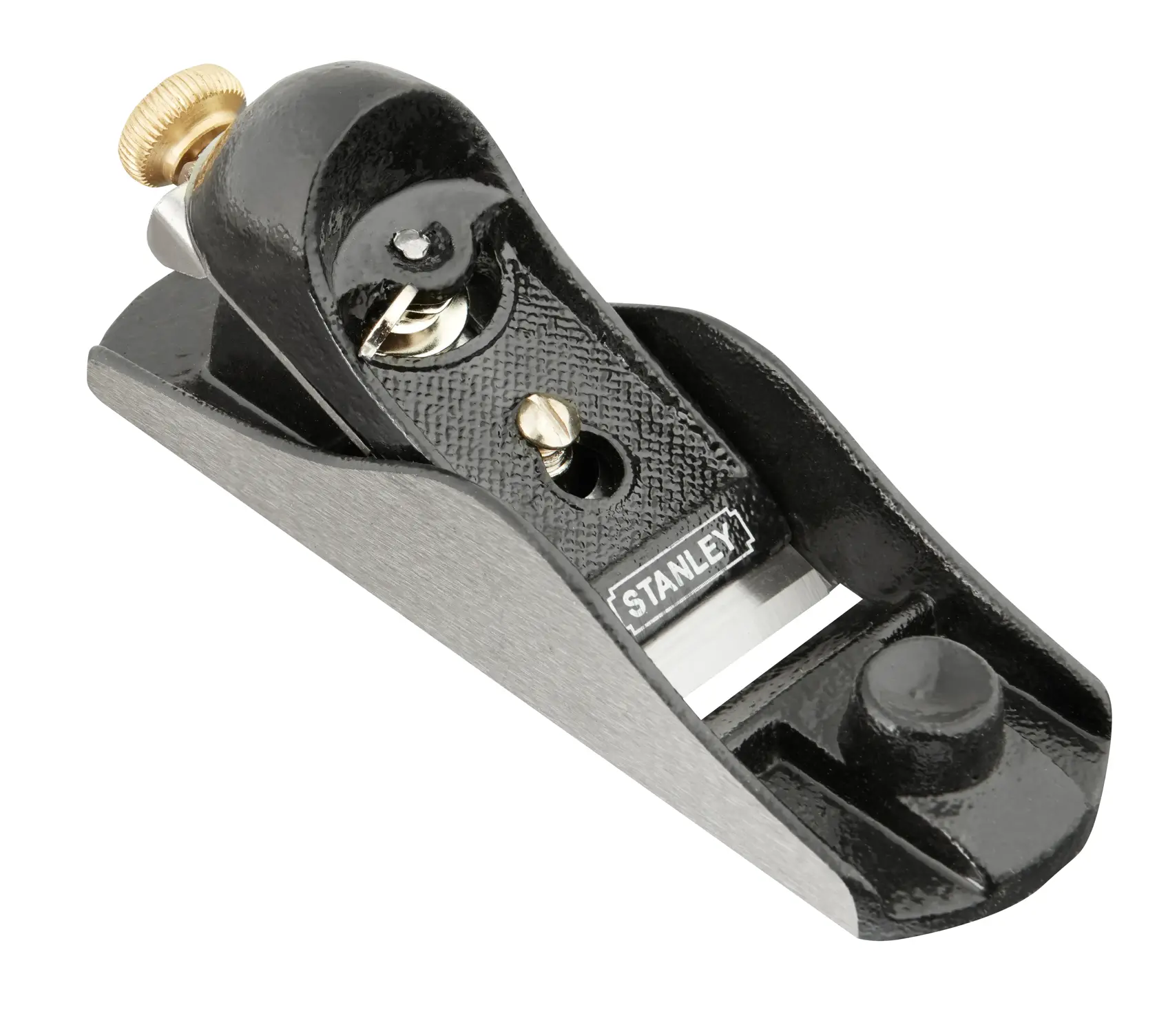 STANLEY 1-12-220 block plane, black and silver hand tool, three-quarter angle, metal adjustment knob.