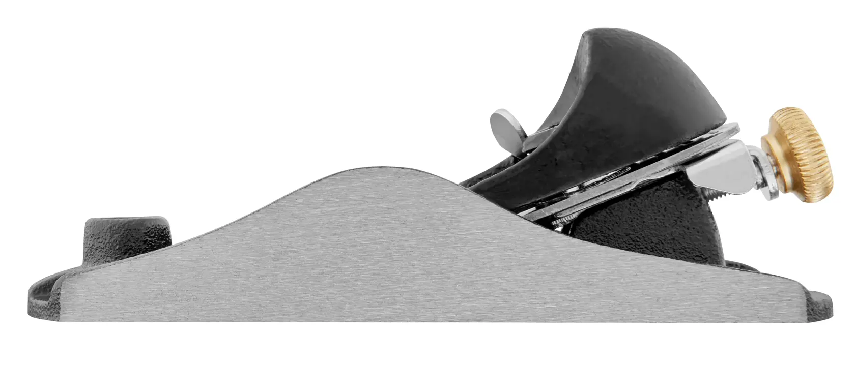 STANLEY 1-12-220 block plane, side view, metal body with brass adjustment knob, hand tool category.