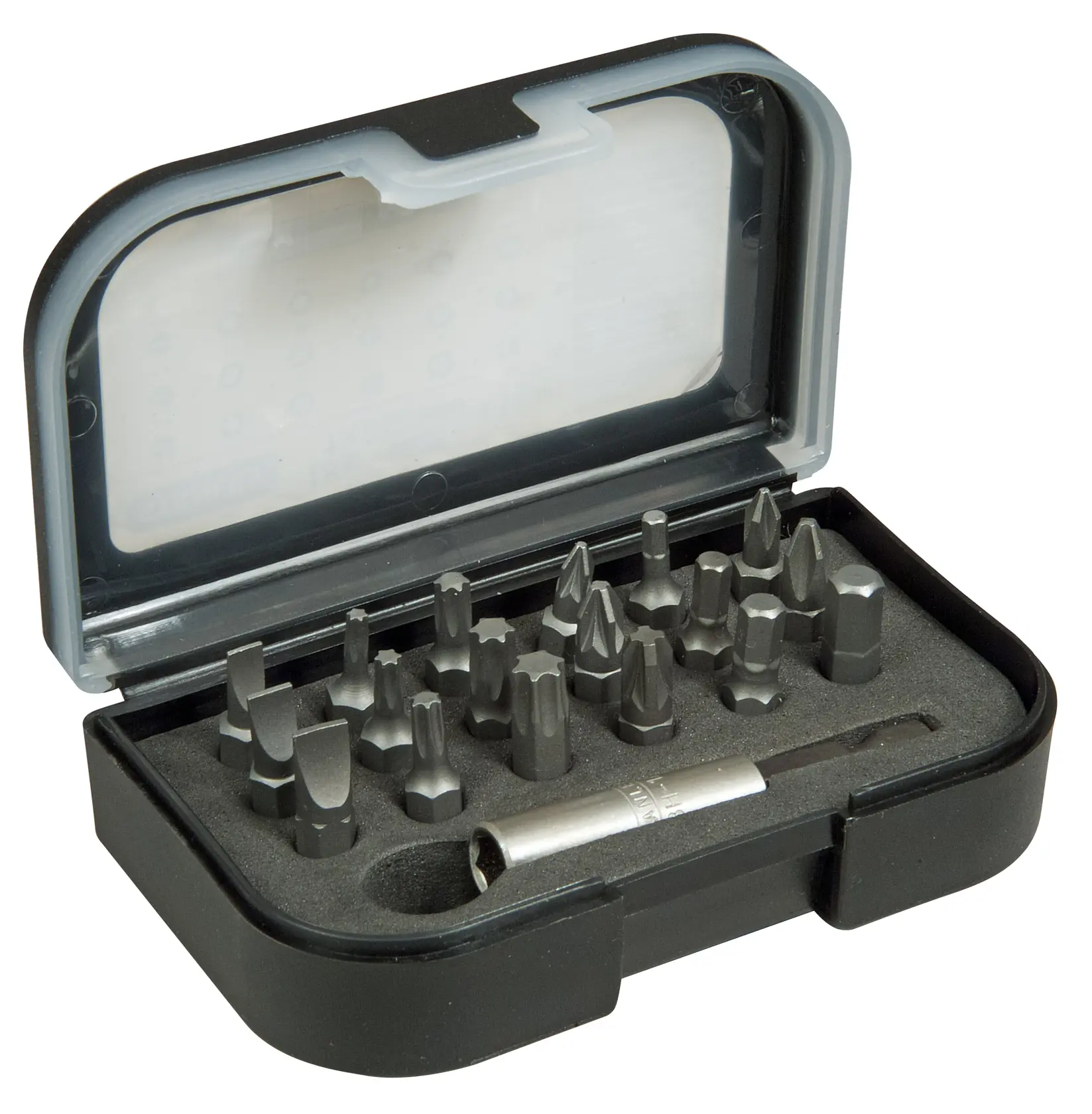STANLEY 1-13-901 compact black case with assorted screwdriver bits and holder, angled view on white background.