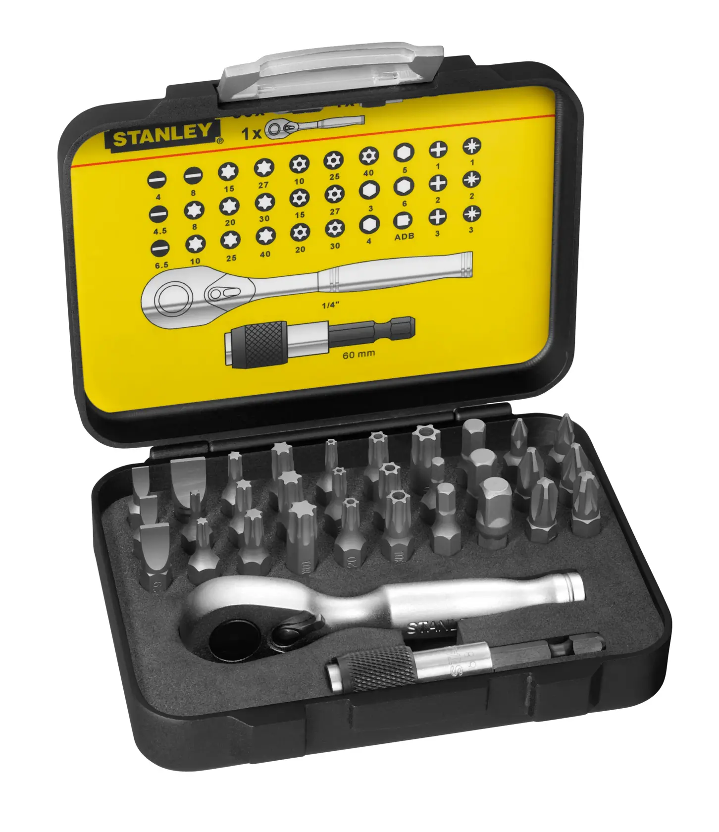 STANLEY 1-13-904 bit and ratchet set in black case, includes assorted screwdriver bits and ratchet, front angle.