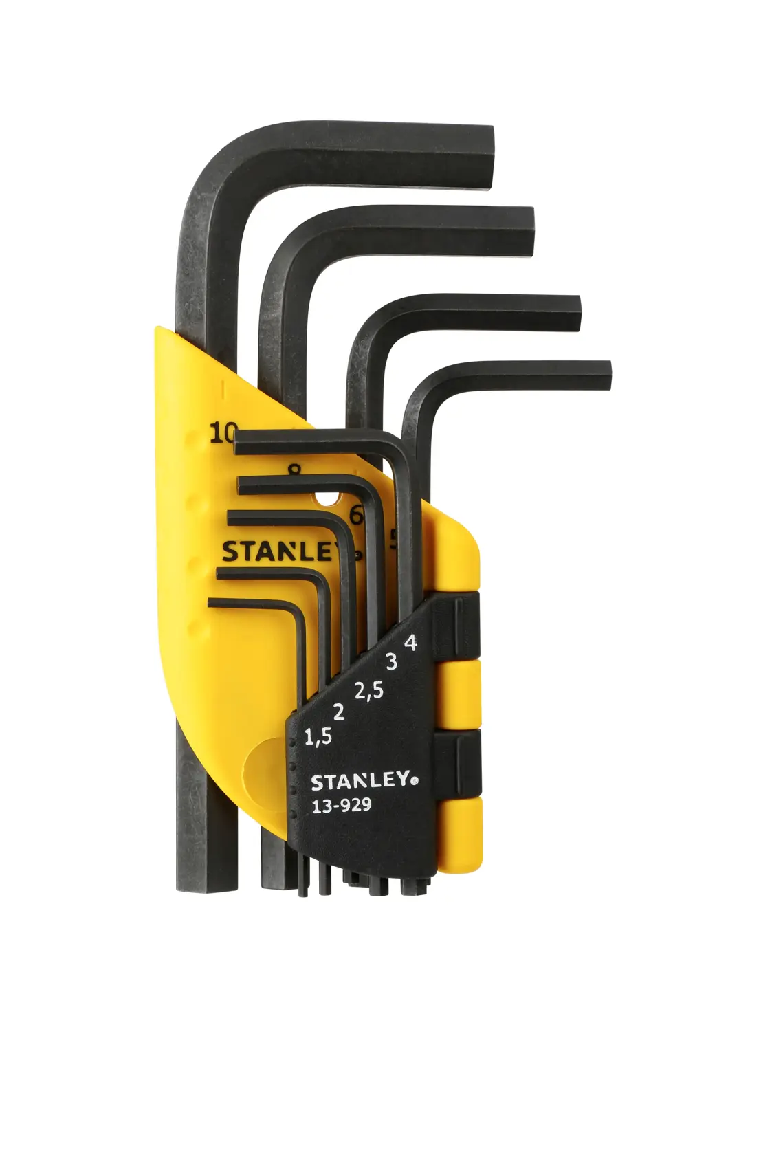 STANLEY 1-13-929 hex key set with yellow and black holder, front angle, all keys organized by size.