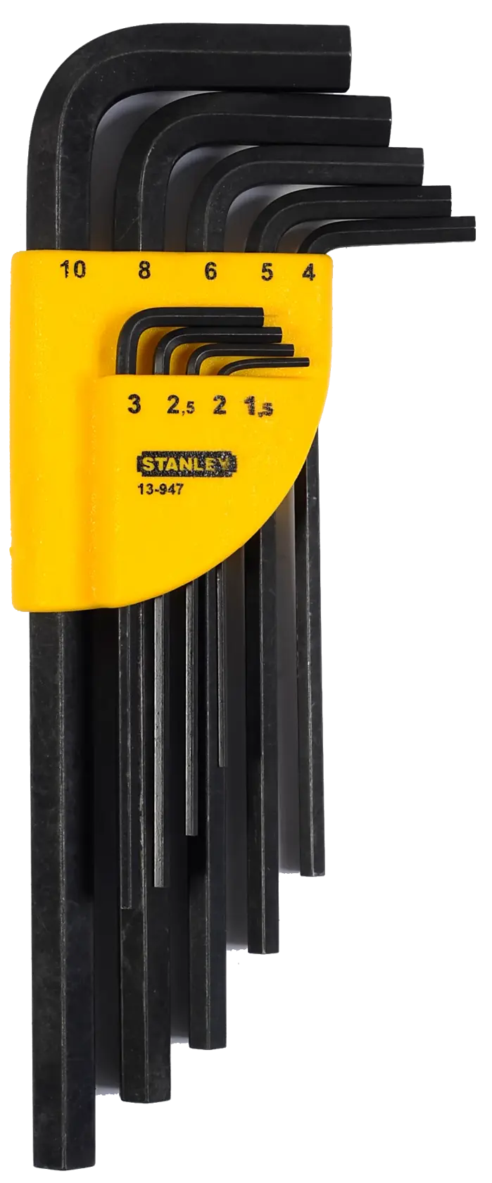 Stanley hex key set in yellow holder with sizes from 1.5mm to 10mm, black metal tools.