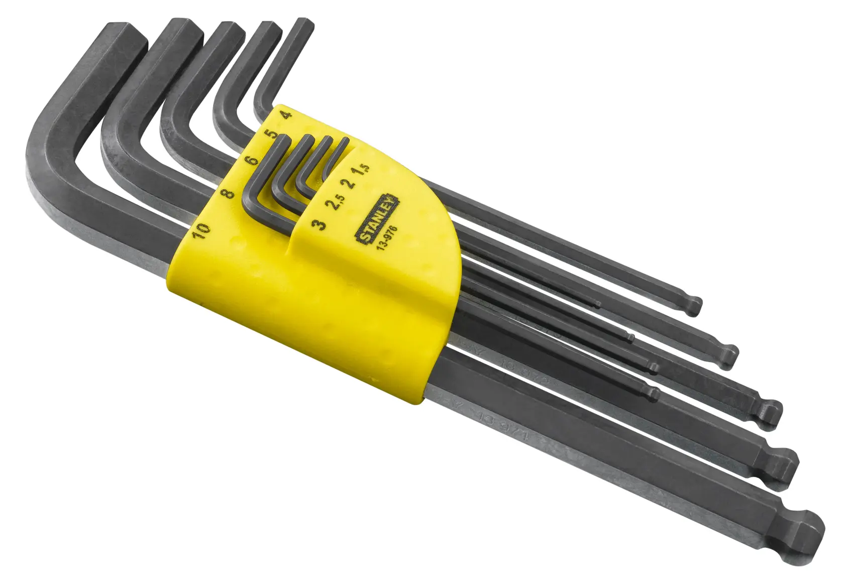 Stanley hex key set with yellow holder, multiple sizes, used for tightening or loosening hex screws.