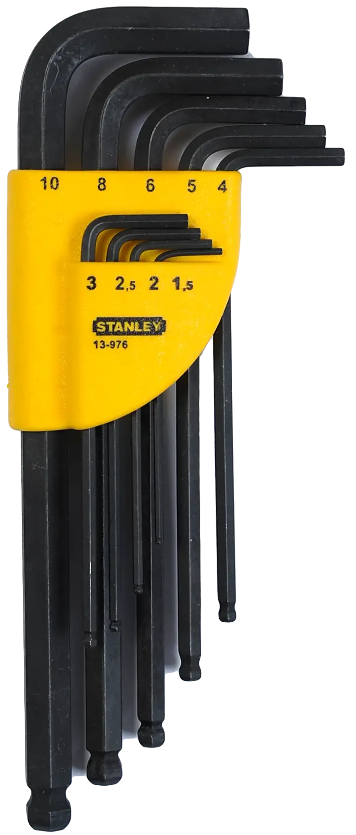 STANLEY set of black hex keys in a yellow holder, various sizes from 1.5 to 10mm, arranged in ascending order.