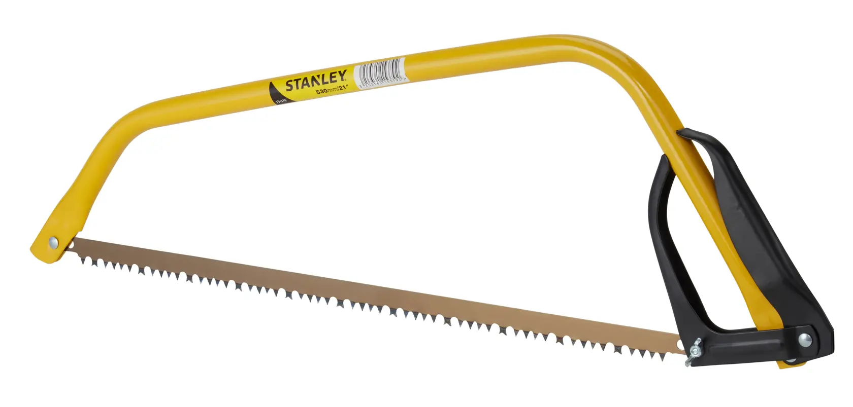 Yellow Stanley bow saw with sharp serrated blade and black handle, suitable for cutting wood.
