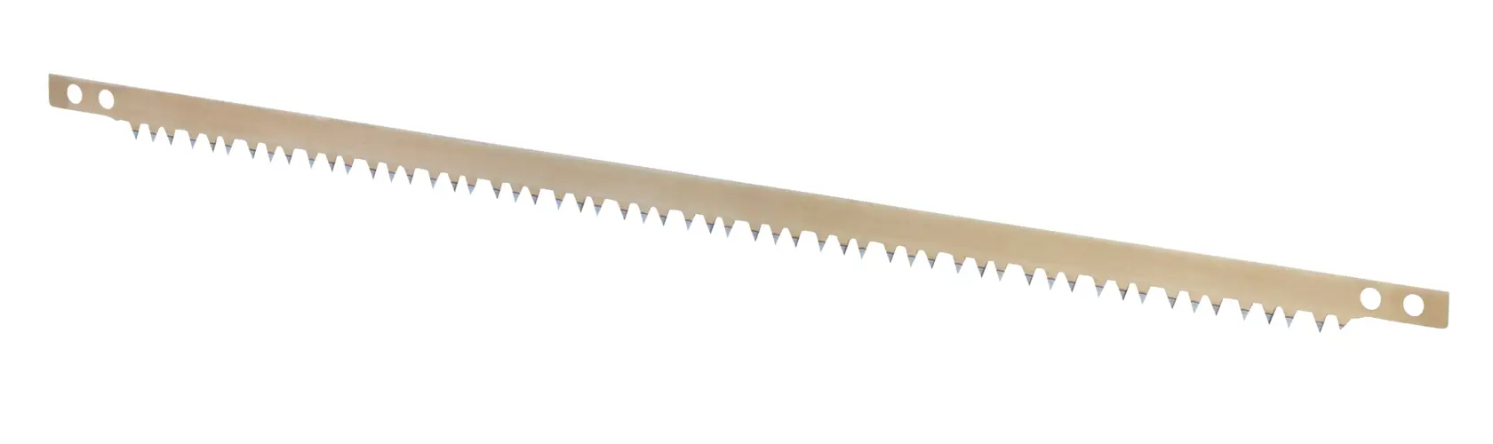Metal saw blade with sharp teeth and two holes at each end, shown on a white background.