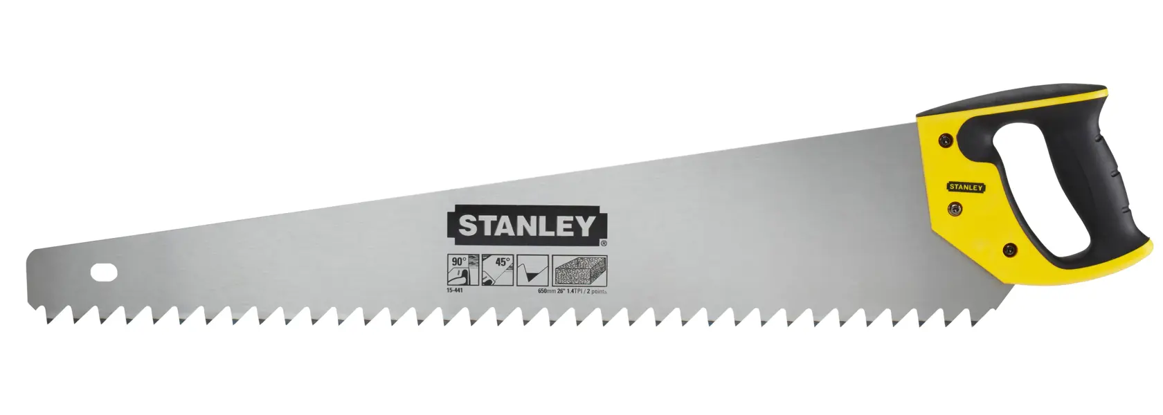 Stanley hand saw with yellow and black handle, wide blade and large teeth for cutting insulation.