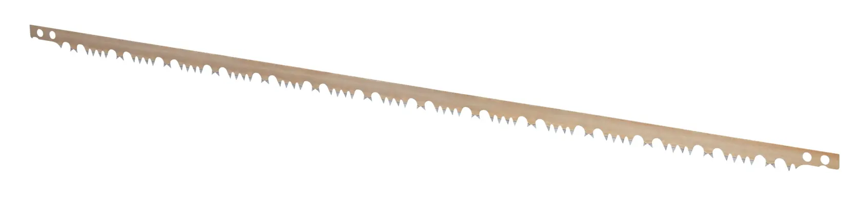 Long metal saw blade with teeth and holes on both ends, displayed against a white background.