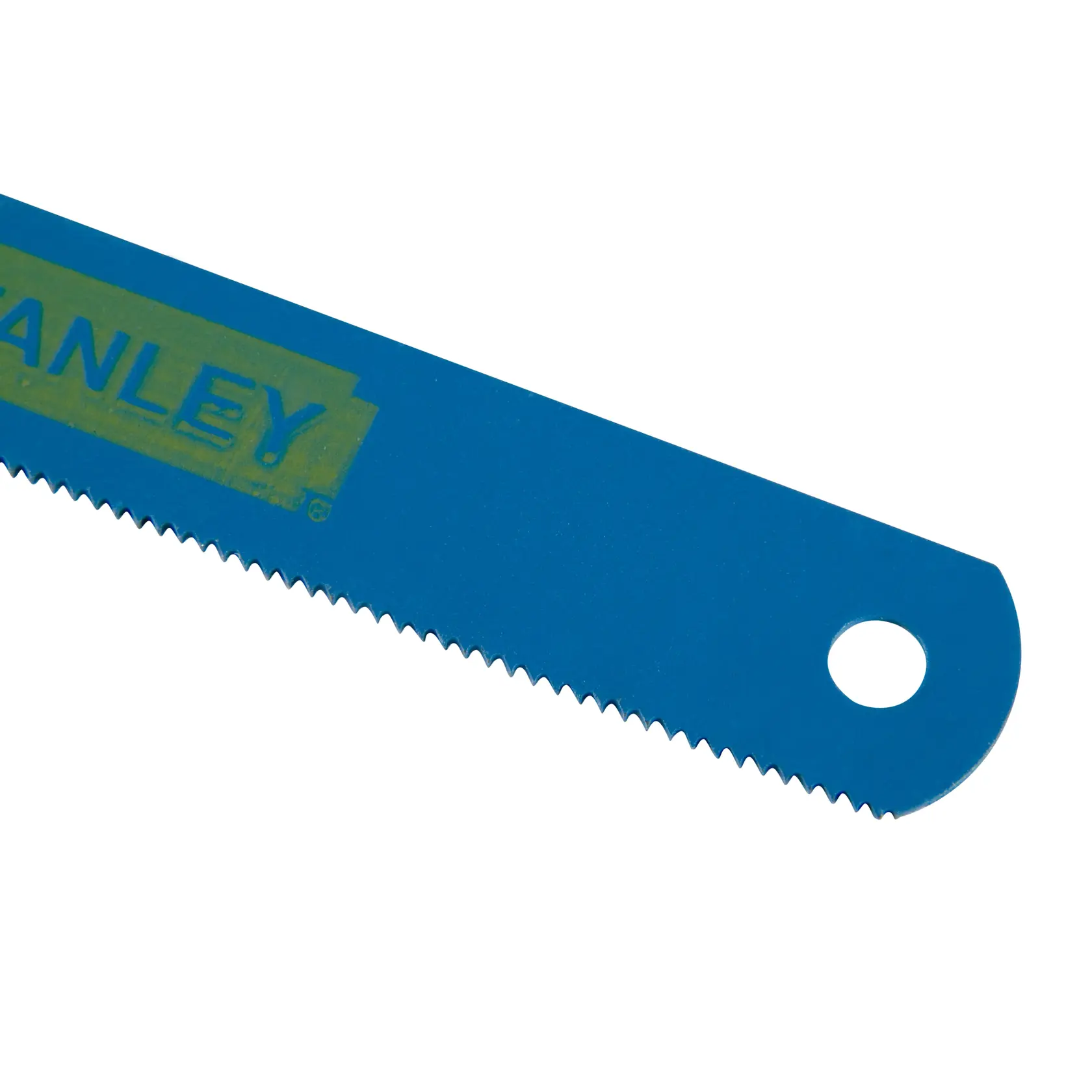 STANLEY 1-15-558 blue saw blade with fine teeth, product photography on white background.