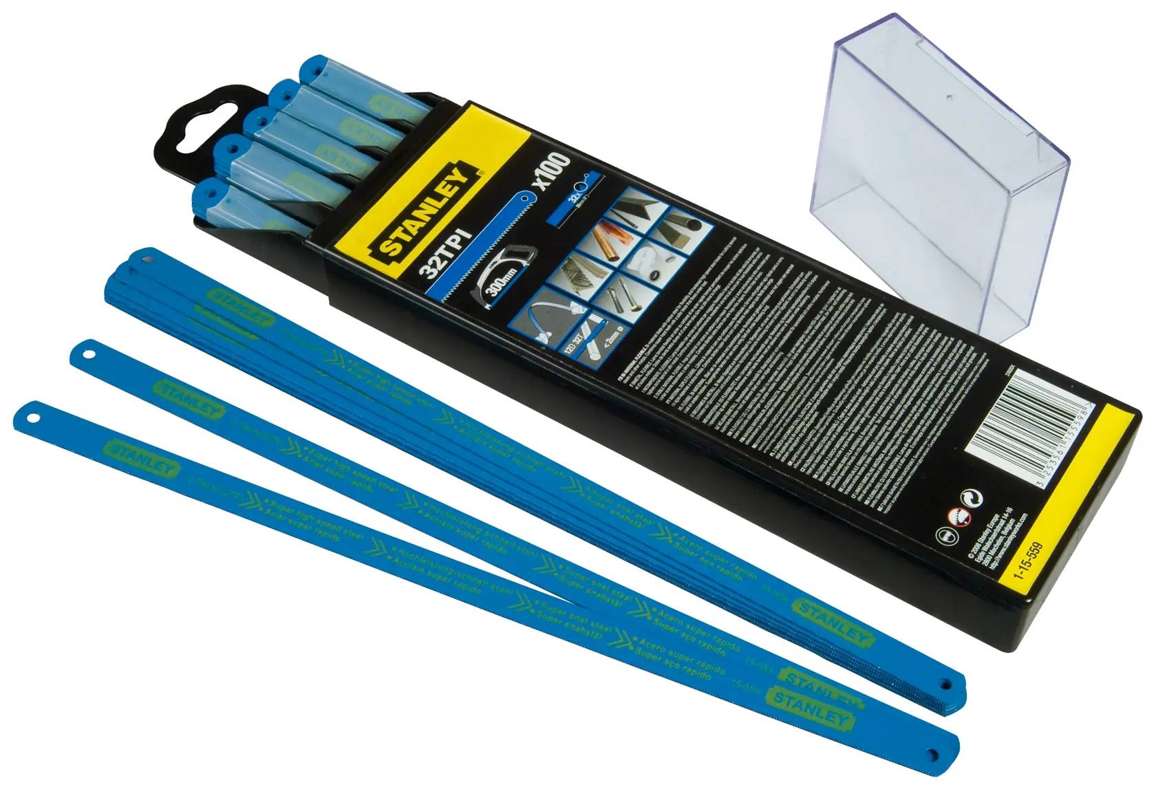 Stanley 1-15-559 pack of blue hacksaw blades, with packaging and storage box shown.