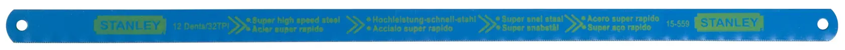 Stanley 1-15-559 super high speed steel hacksaw blade, blue color, flat angle, photography on white background.