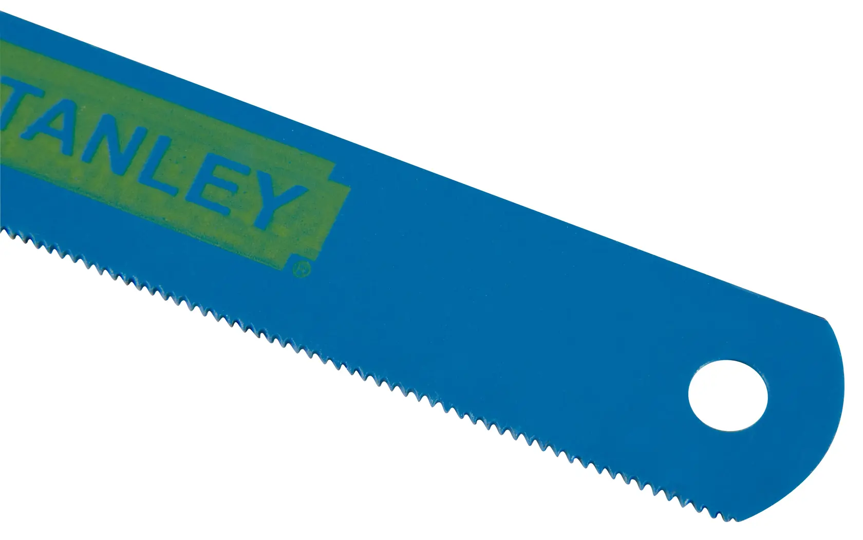 Blue STANLEY saw blade with fine teeth and a hole at the end for mounting or storage.
