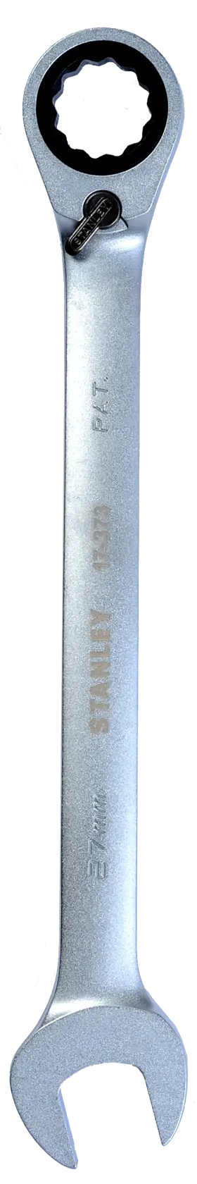 Silver ratcheting combination wrench with open and closed ends, shown upright on a white background.