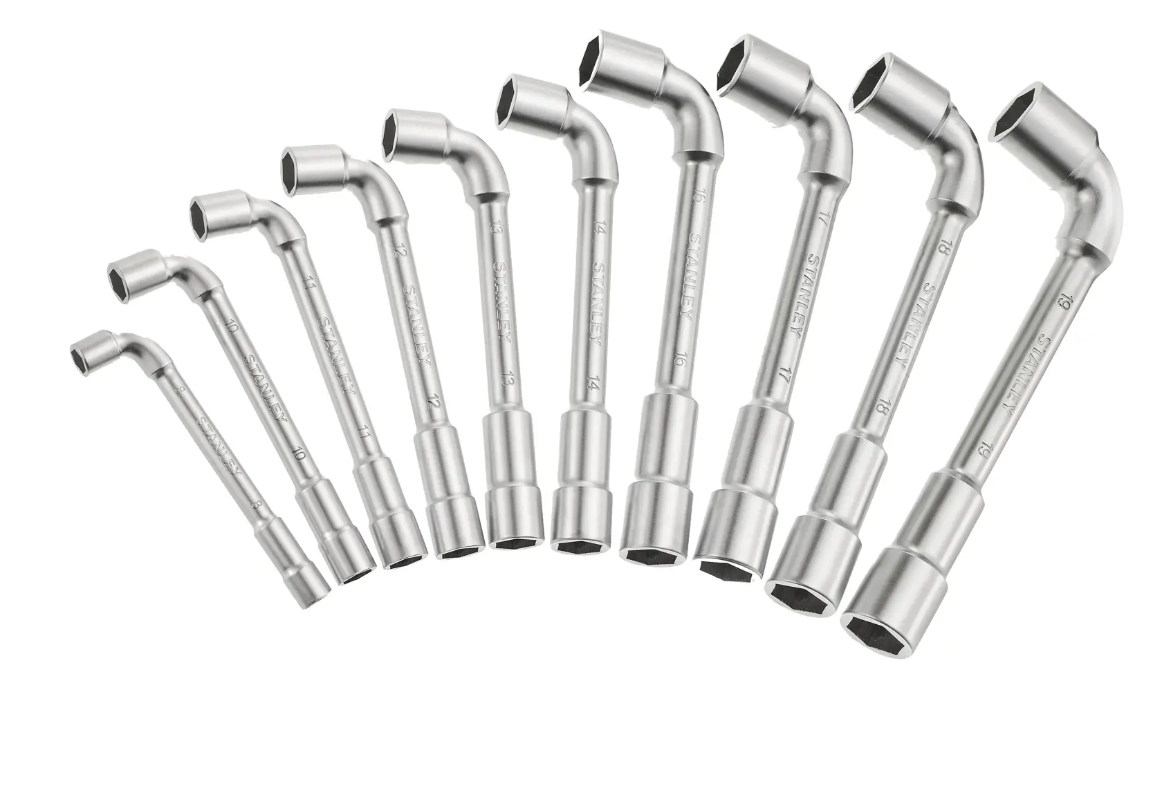 Set of nine STANLEY chrome double-ended box wrenches, arranged by size on a white background.