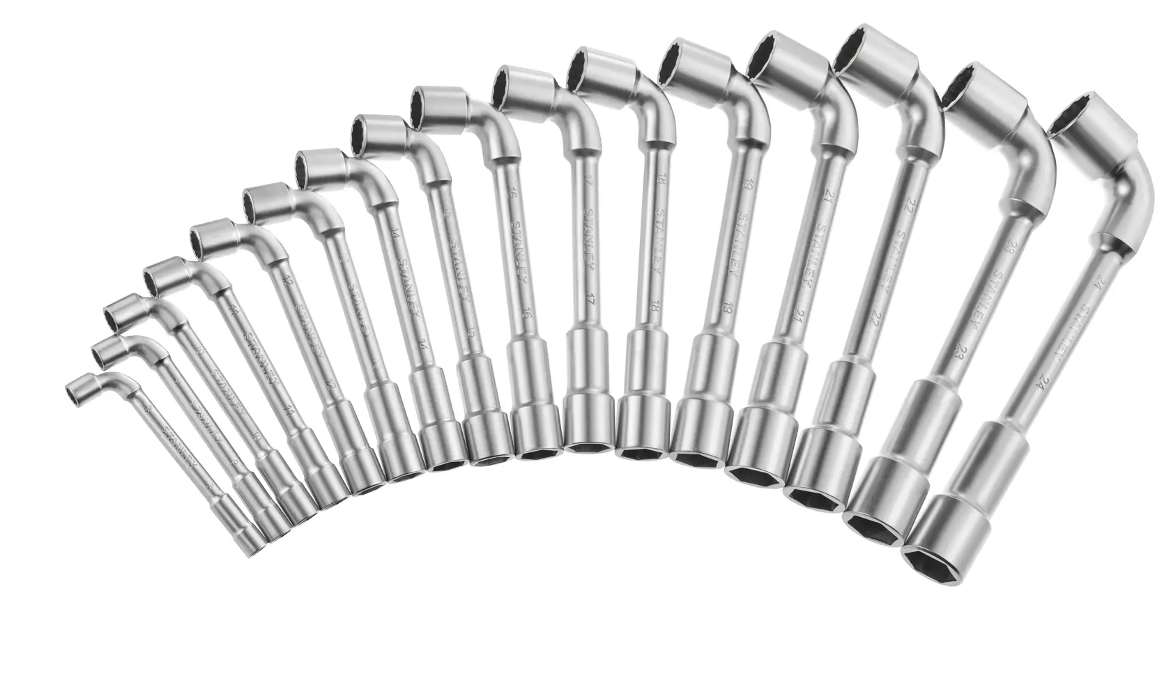 Set of 16 silver STANLEY box wrenches arranged in a row, organized by size, for mechanical work.