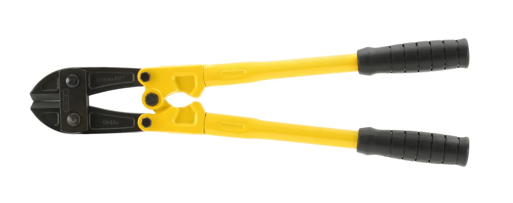 Yellow-handled Stanley bolt cutter tool with black grips, shown on white background.