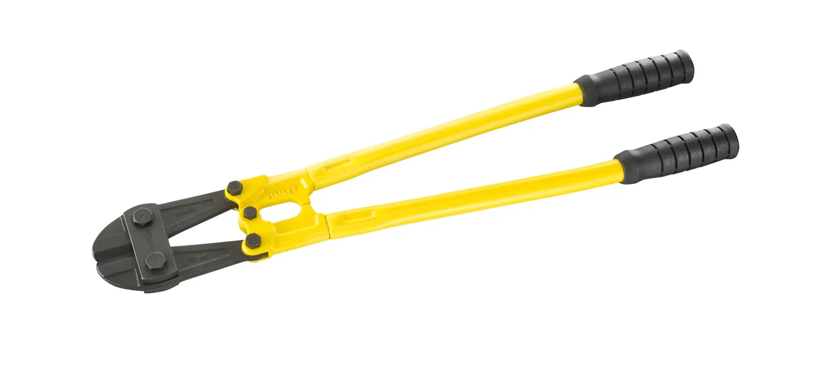 Yellow-handled bolt cutter tool with black grips and metal cutting jaws, shown against a white background.