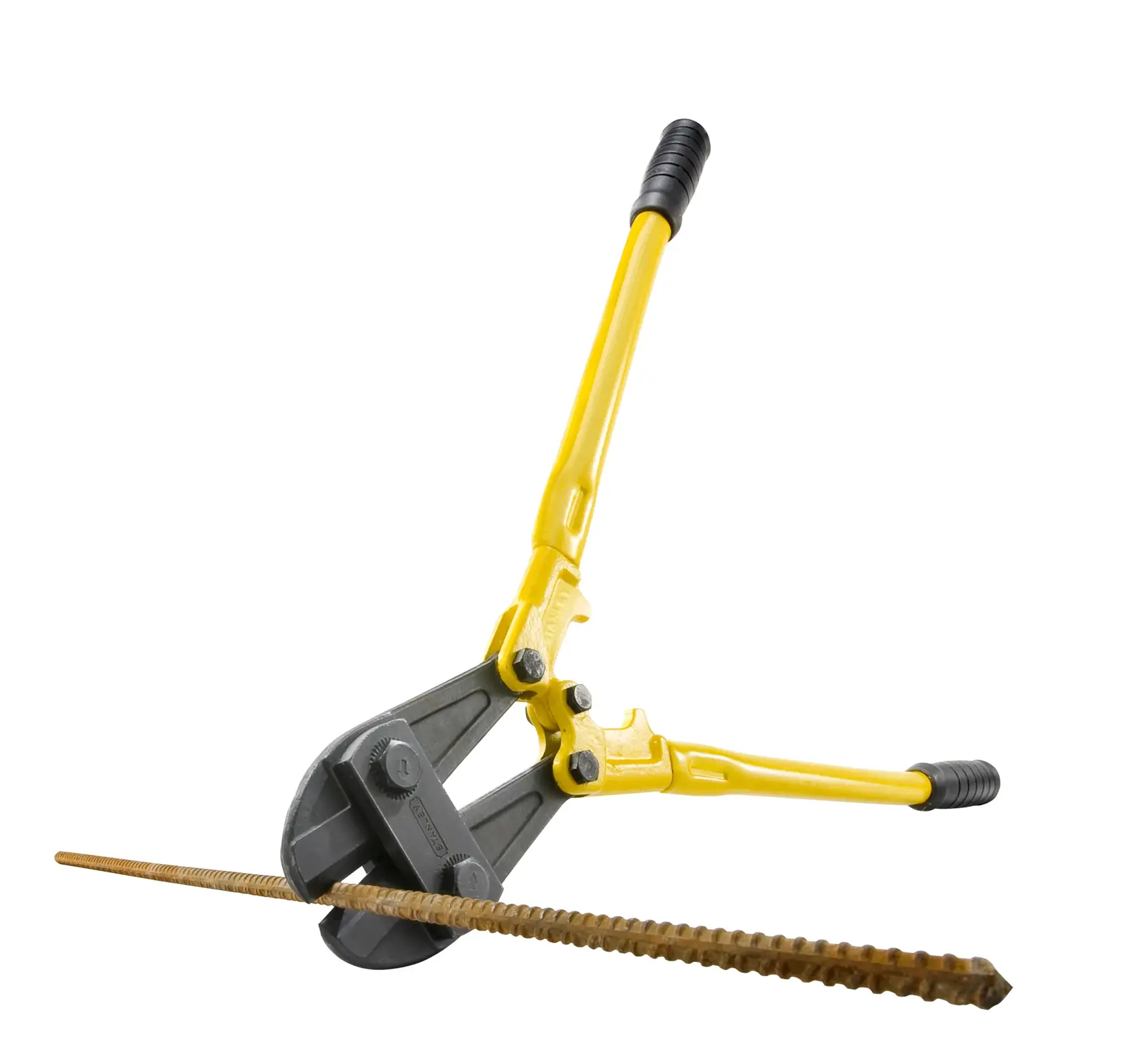 Yellow bolt cutter cutting a metal rod, tool shown with textured handles on a white background.