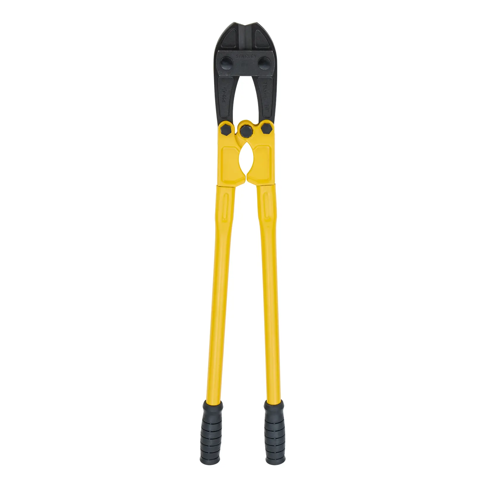 Yellow-handled STANLEY bolt cutter with black jaws for cutting bolts and metal rods.