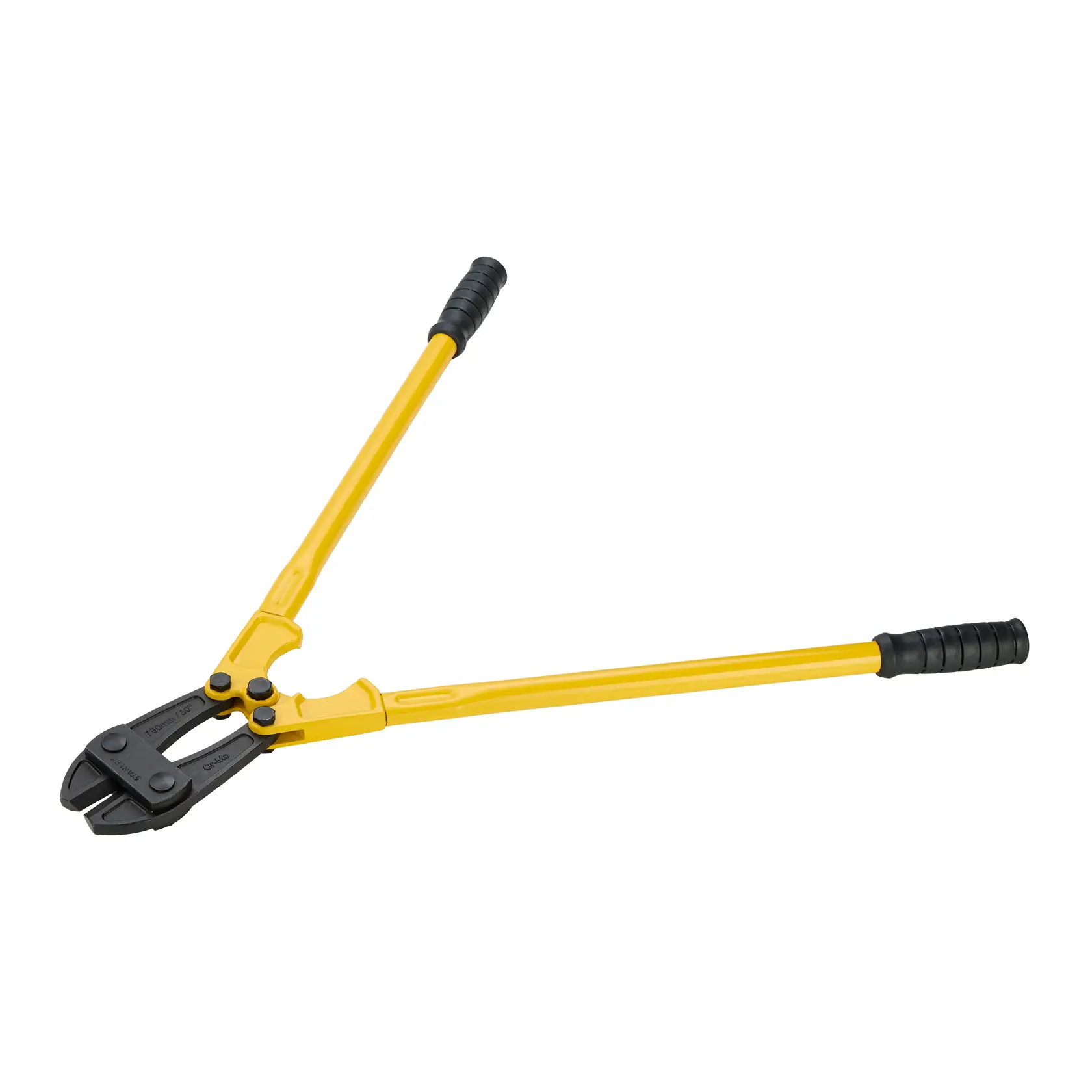 STANLEY 1-17-753 bolt cutter with yellow handles and black grips, angled view on white background.