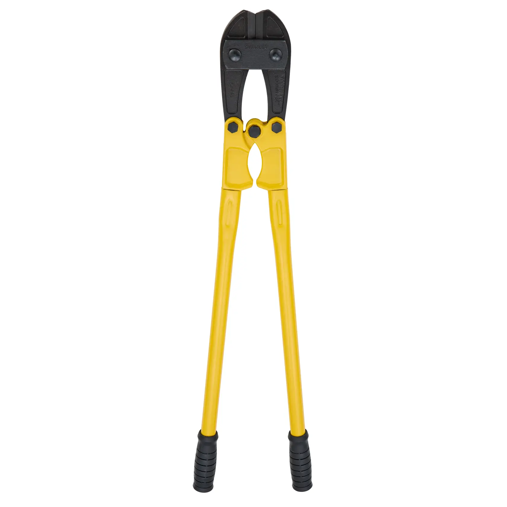 STANLEY 1-17-754 bolt cutter with yellow handles, black cutting head, angled front view on white background.