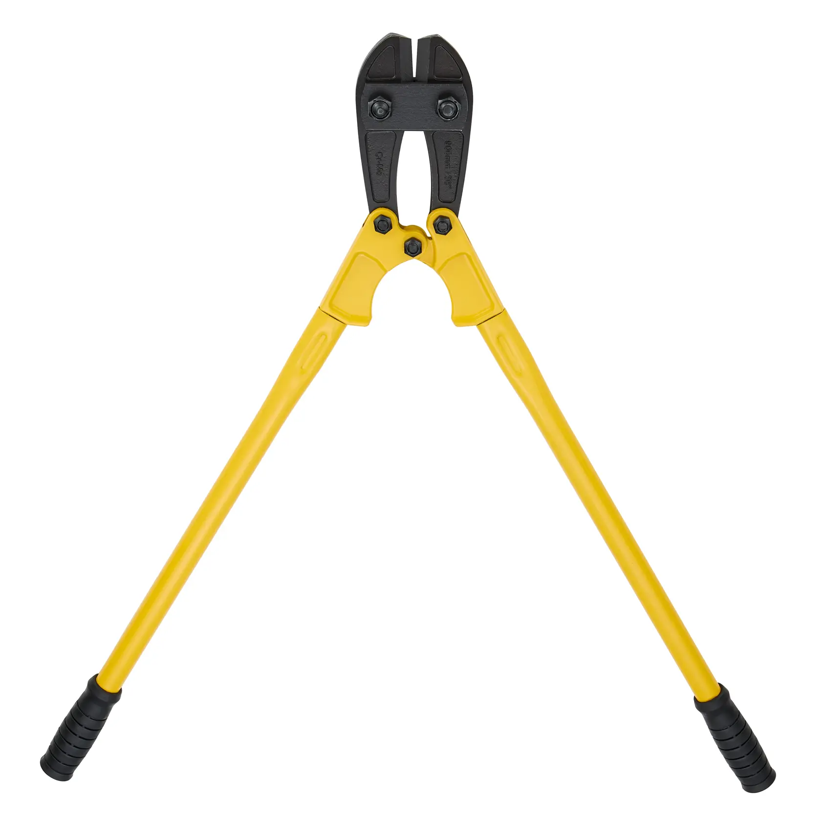 STANLEY 1-17-754 bolt cutter with yellow handles and black grips, front angle on white background.