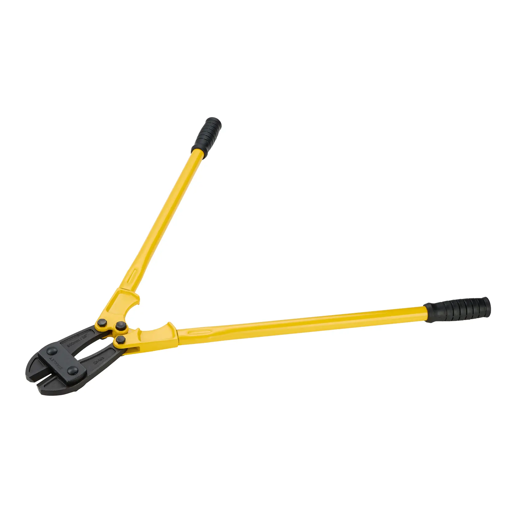 STANLEY 1-17-754 bolt cutter with yellow handles and black grips, side angle on white background.