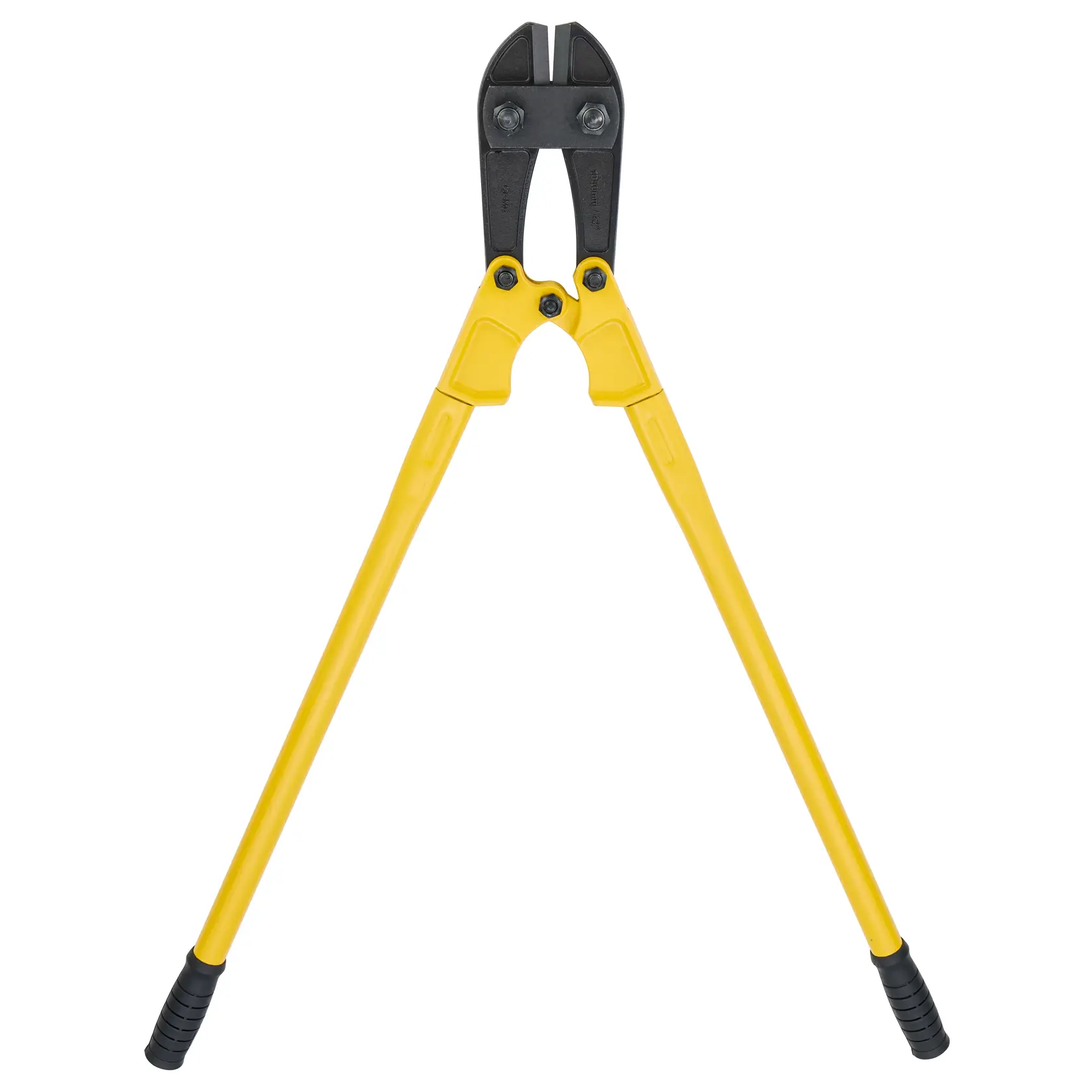 STANLEY 1-17-755 bolt cutter with yellow handles and black grips, front angle on white background.