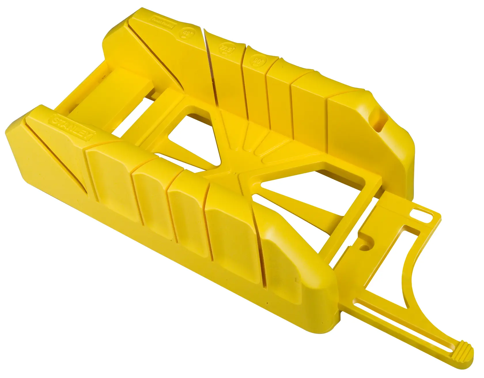 Yellow plastic STANLEY mitre box for precise cutting angles in woodworking projects.
