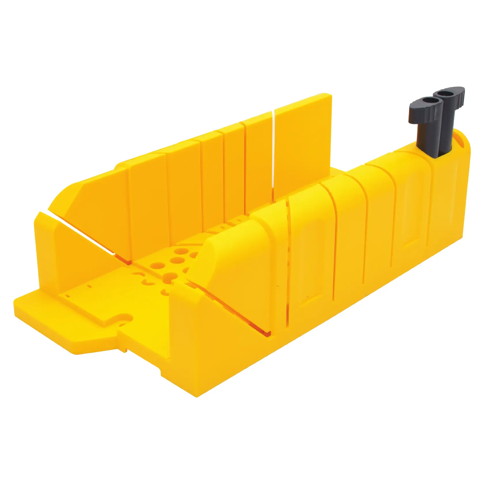 STANLEY 1-20-112 yellow plastic mitre box with black clamp, photo from front right angle.
