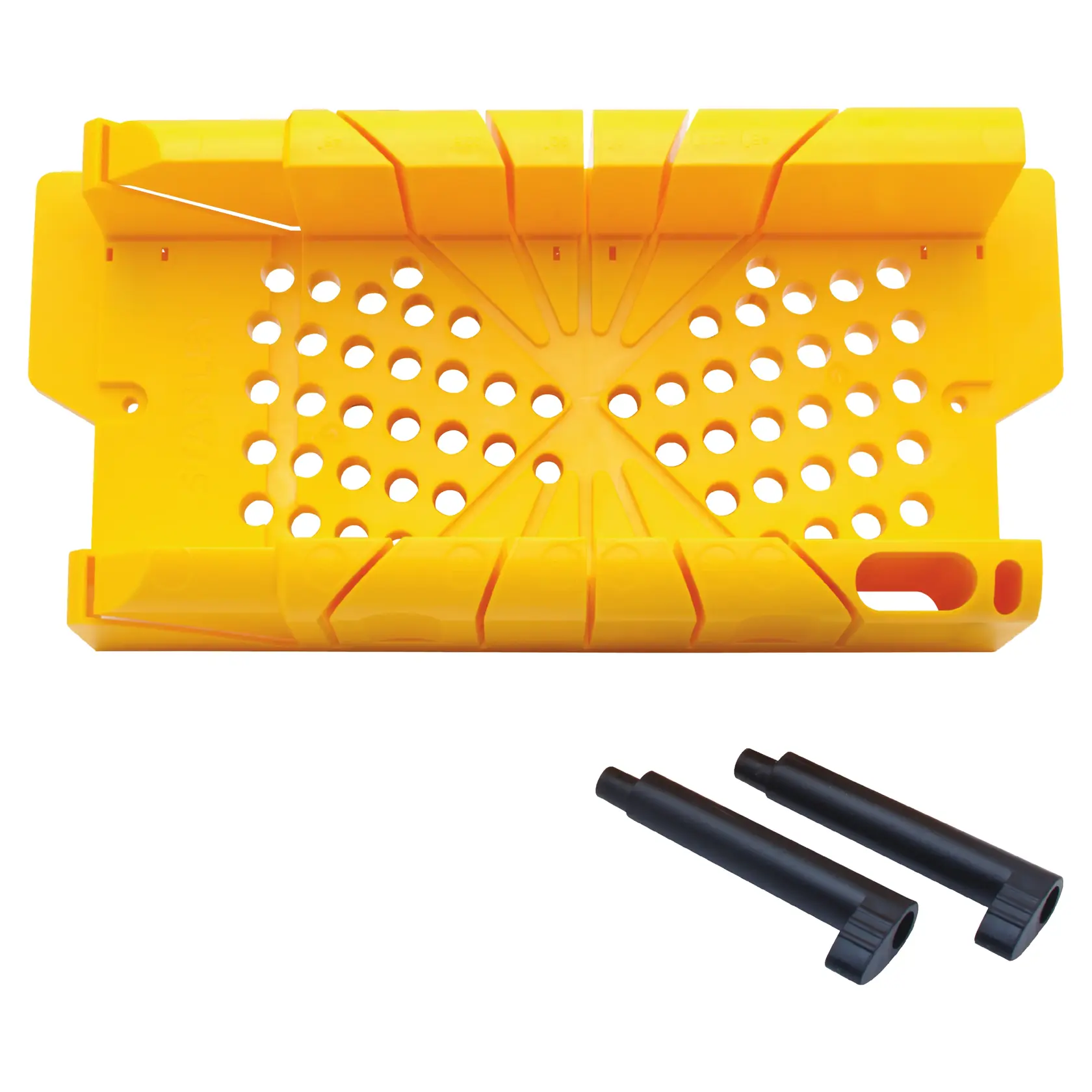 Photo of STANLEY 1-20-112 yellow miter box with vent holes and two black peg accessories, top view.