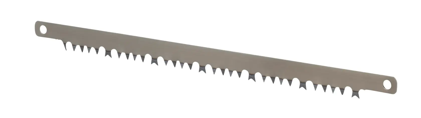 Metal saw blade with sharp teeth and holes at both ends, shown on a white background.