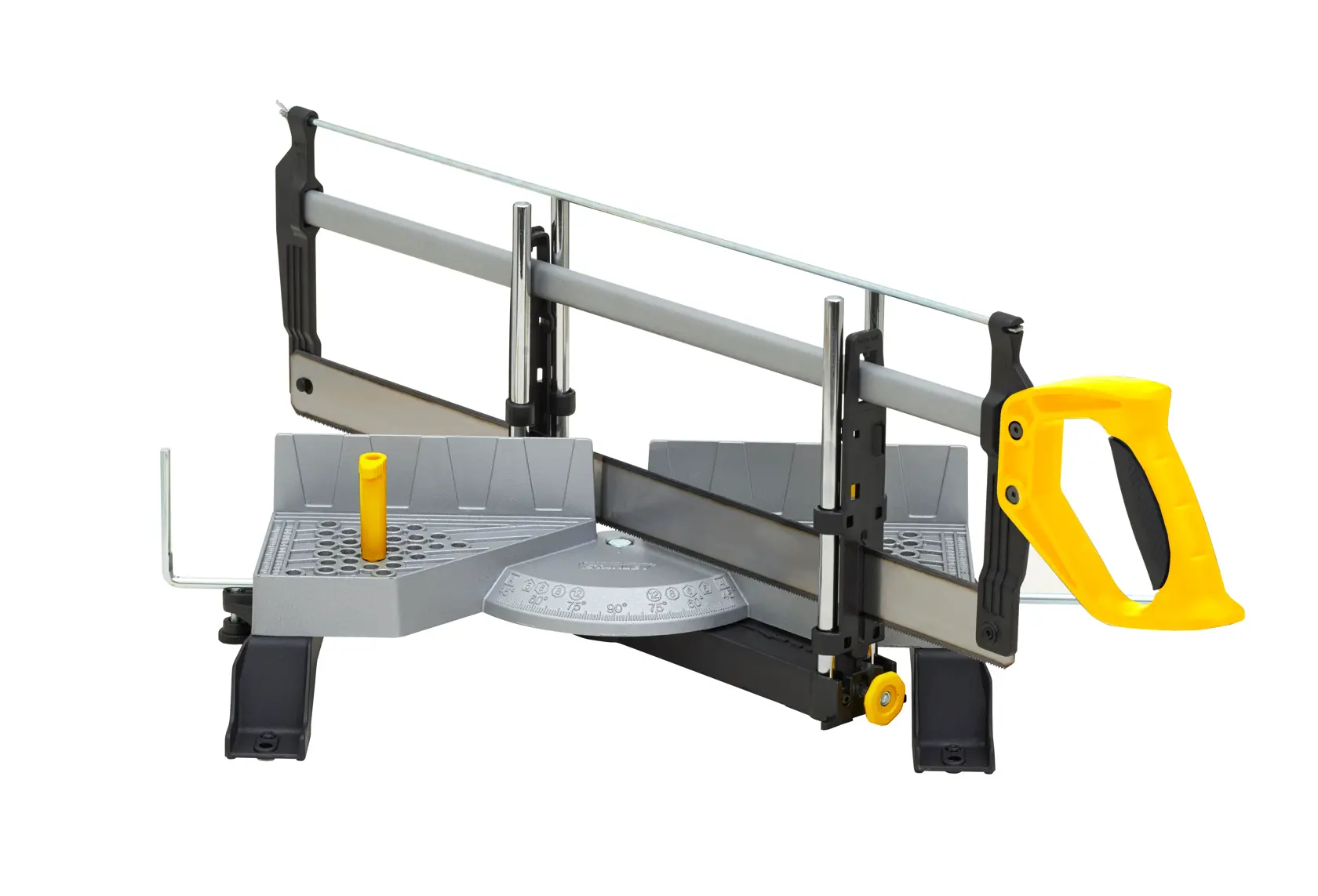 STANLEY 1-20-800 manual mitre saw with yellow handle and adjustable base, front angle, on white background.