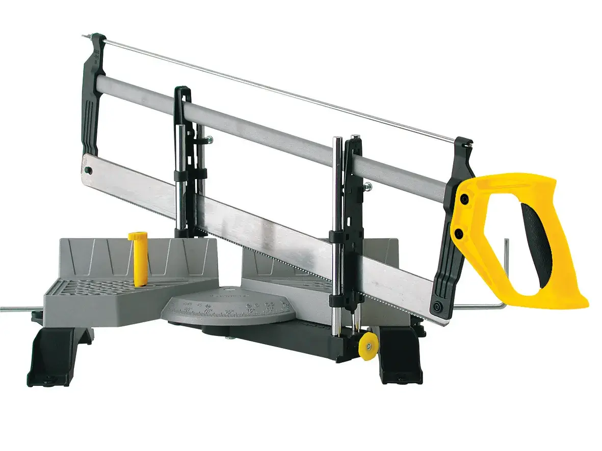 STANLEY 1-20-800 manual mitre saw with yellow handle, side view on white background.