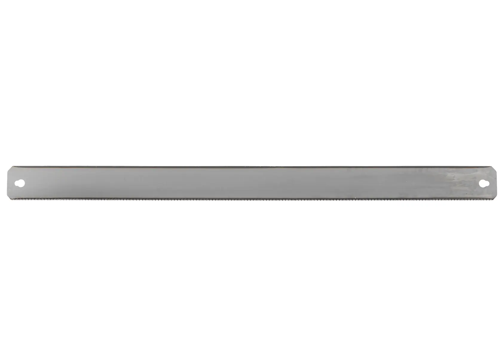 Metal hacksaw blade with fine teeth and holes at each end for mounting in a saw frame.