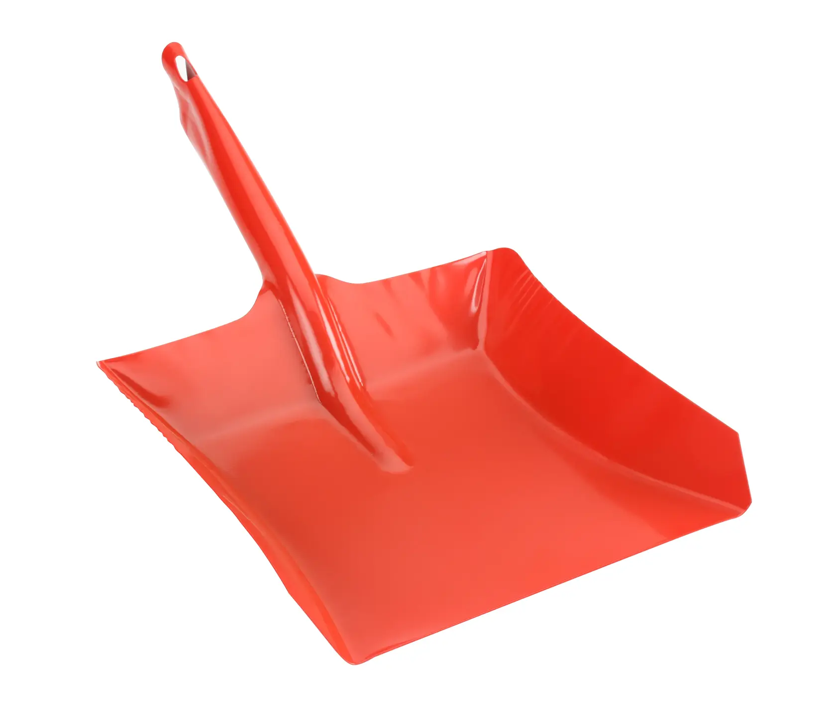 Red metal dustpan with a sturdy handle for collecting debris, shown on a white background.