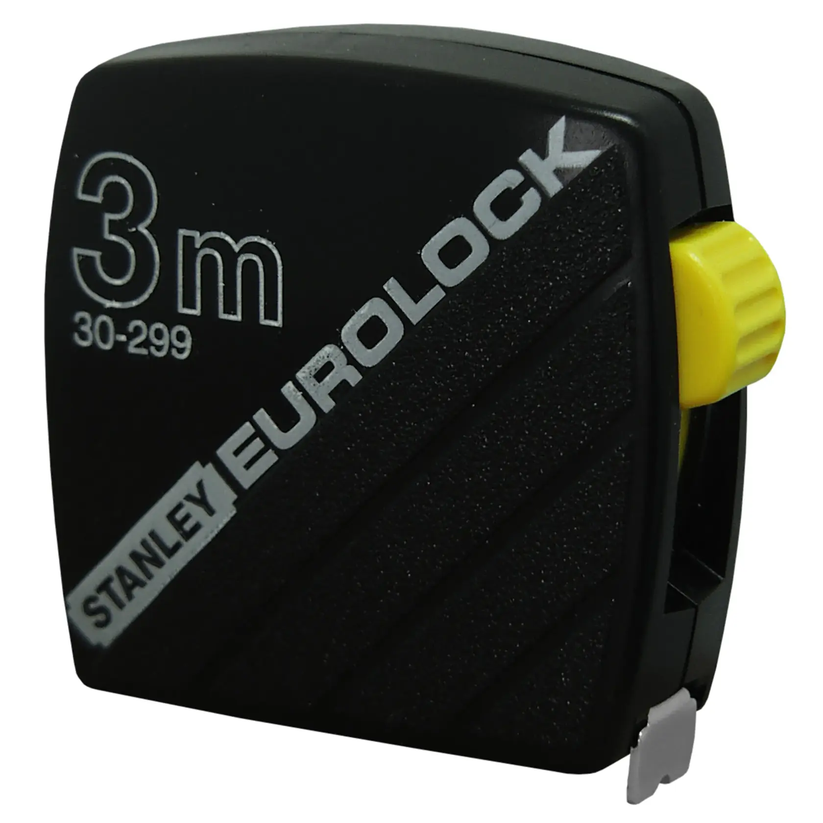 Stanley Eurolock 3m tape measure, black casing with yellow button, model 1-30-299.