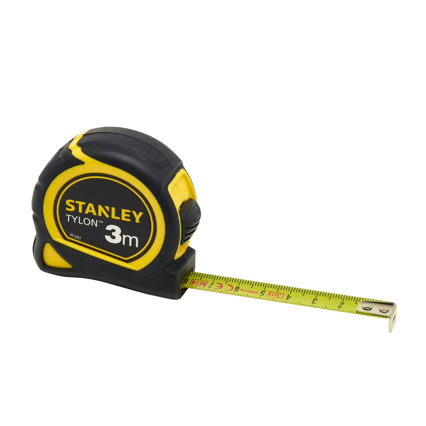 Stanley Tylon 3m tape measure with yellow and black casing and extended measuring tape.