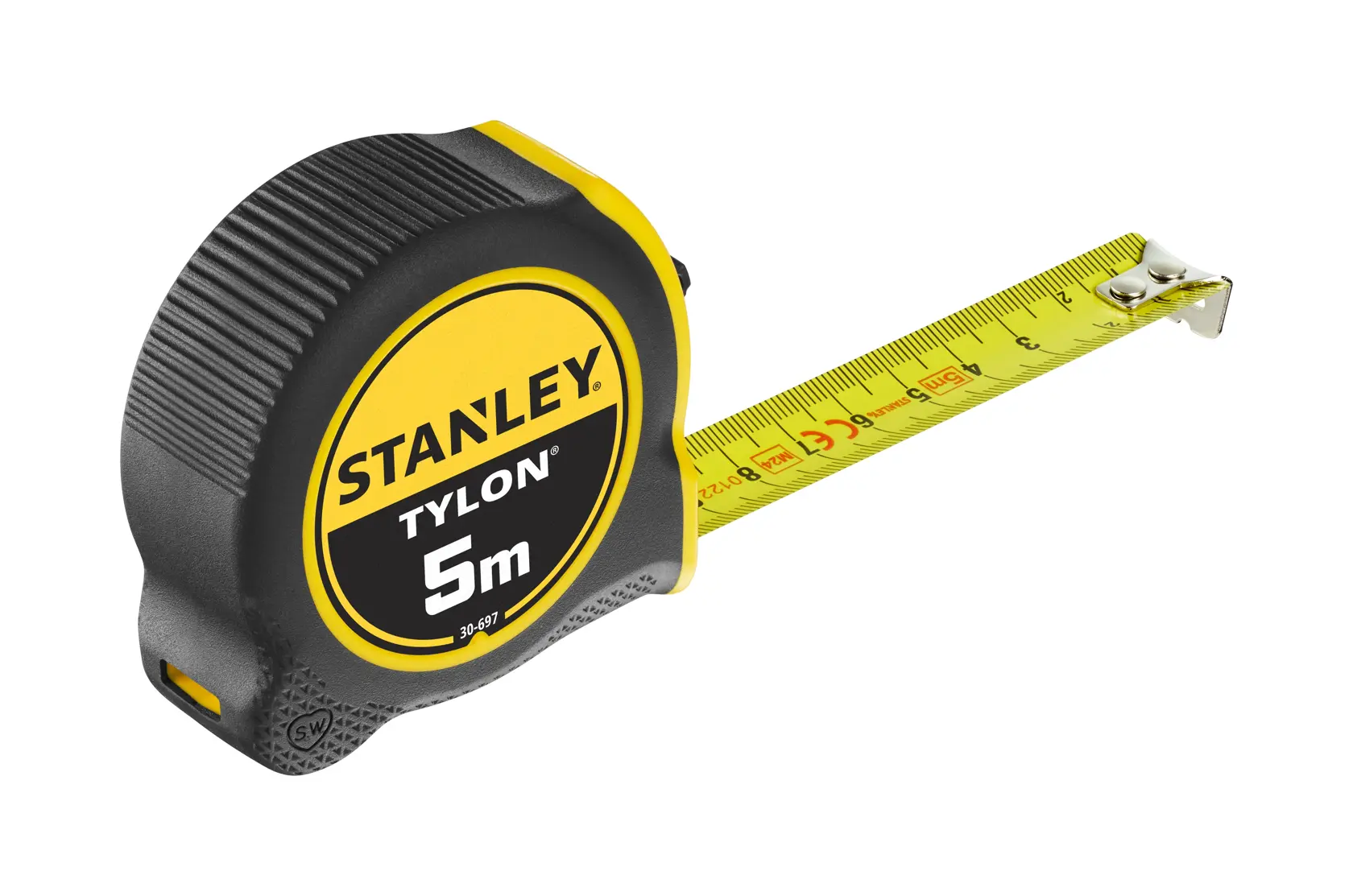 Photo of STANLEY 1-30-697 tape measure, 5m, black and yellow casing, front angle, extended yellow blade.
